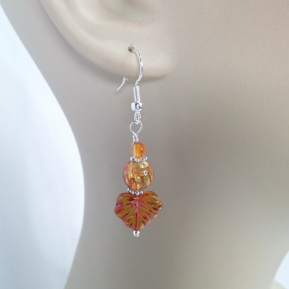 Artisan Orange Fall Glass Earrings Dangle Autumnal Leaves Silver Tone Accents - Picture 1 of 9